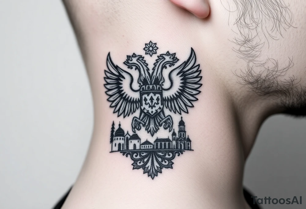 Traditional authentic Russian coat of arms with double headed eagle & a well shaded Christian orthodox virgin marry crest in the middle with silhouette of a lake in a Russian wilderness Christian orthodoxy dome church village setting on the side of my neck tattoo idea