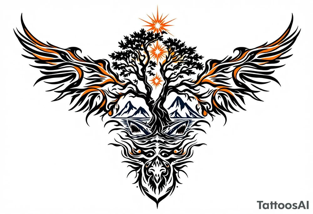 tattoo that has an acacia tree with mountains, ocean with a ship wreck with sharks and the bright northern star tattoo idea