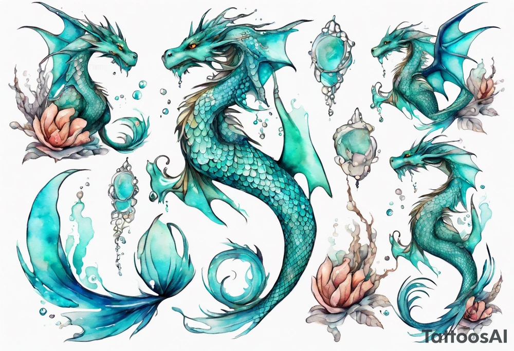 a mermaid dragon hybrid with turquoise scales by the ocean tattoo idea