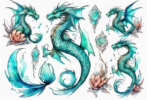 a mermaid dragon hybrid with turquoise scales by the ocean tattoo idea