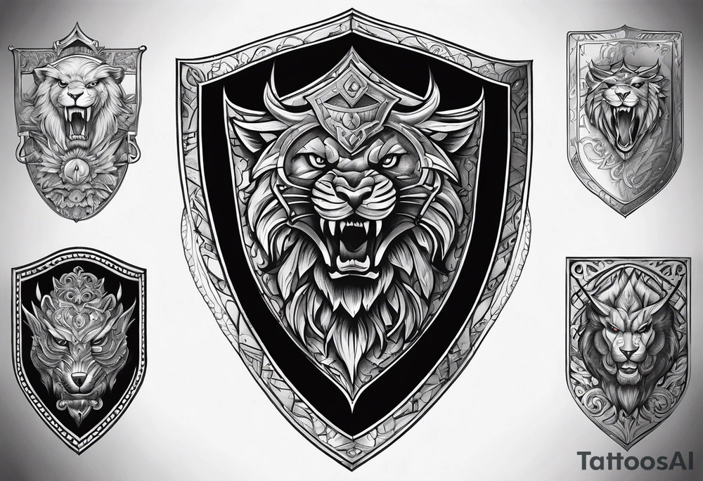 shield shadowy figures inside tattoo idea