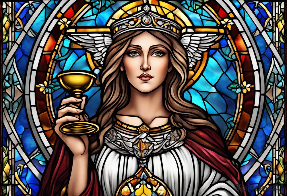 holy saint woman with halo stained glass holding a chalice with artillery tattoo idea