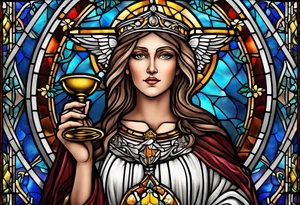 holy saint woman with halo stained glass holding a chalice with artillery tattoo idea