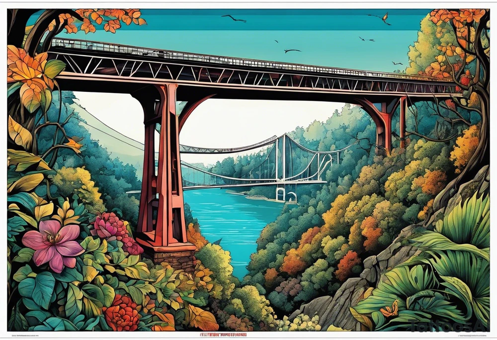70's poster art, view from under cantilever bridge tattoo idea