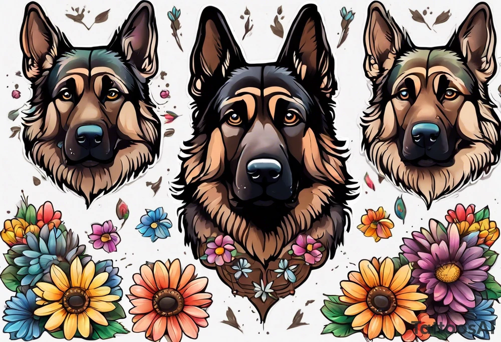 Dark Brown German shepherd portrait surrounded by  colorful daisies tattoo idea