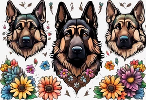 Dark Brown German shepherd portrait surrounded by  colorful daisies tattoo idea