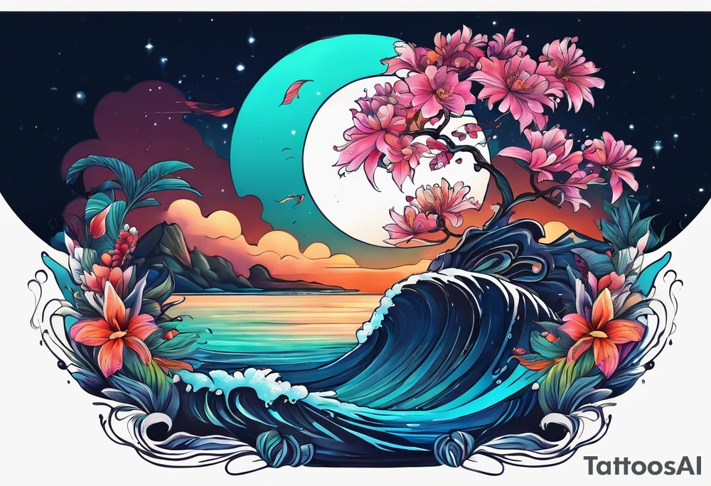 sea,, night, flower, palm, animal tattoo idea