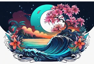 sea,, night, flower, palm, animal tattoo idea