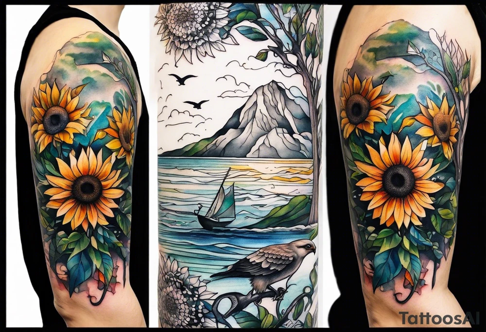 Small inside arm tattoo. Black kite (Daya's name), nature (trees/sea), small sunflower. tattoo idea