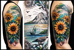 Small inside arm tattoo. Black kite (Daya's name), nature (trees/sea), small sunflower. tattoo idea