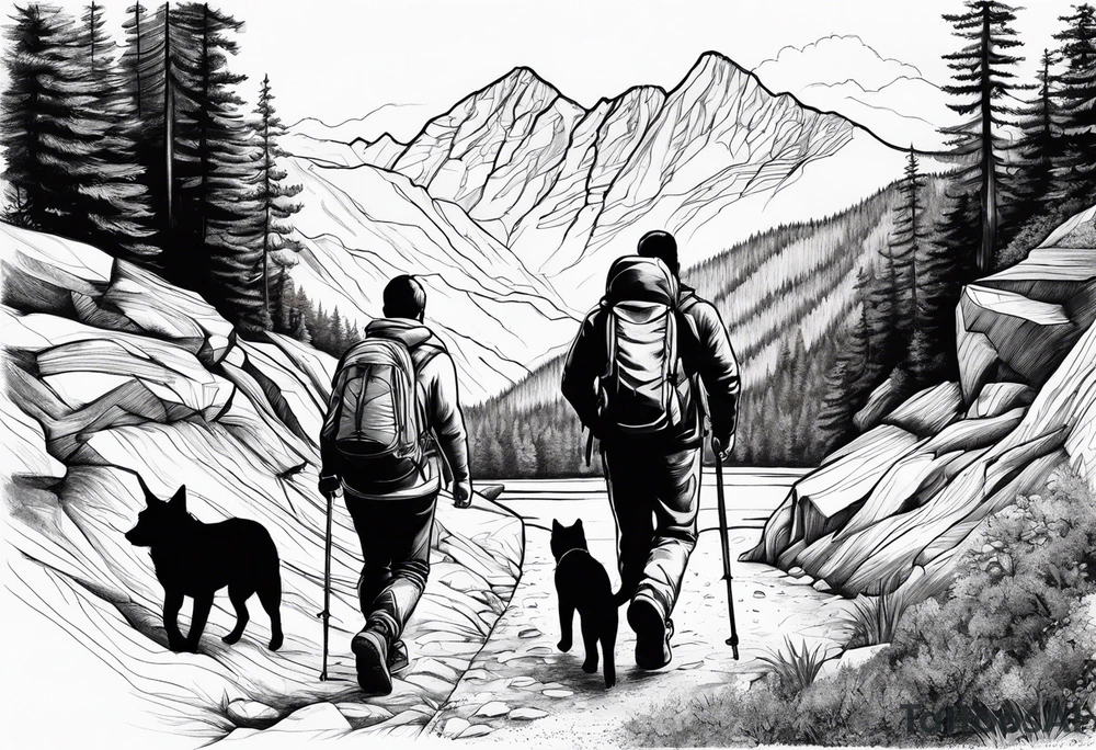 father son hiking with their dog and cat in the mountains, nature, waterfall, rive tattoo idea
