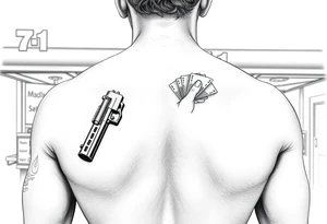 Someone standing in from of 7/11 with a gun and a wad of cash in the other hand tattoo idea