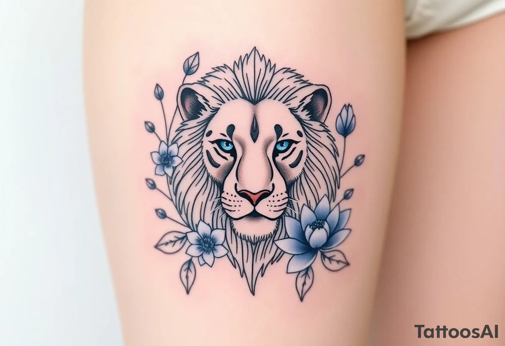 Lion with blue eyes surrounded by larkspur and water lily tattoo idea