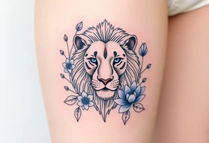 Lion with blue eyes surrounded by larkspur and water lily tattoo idea