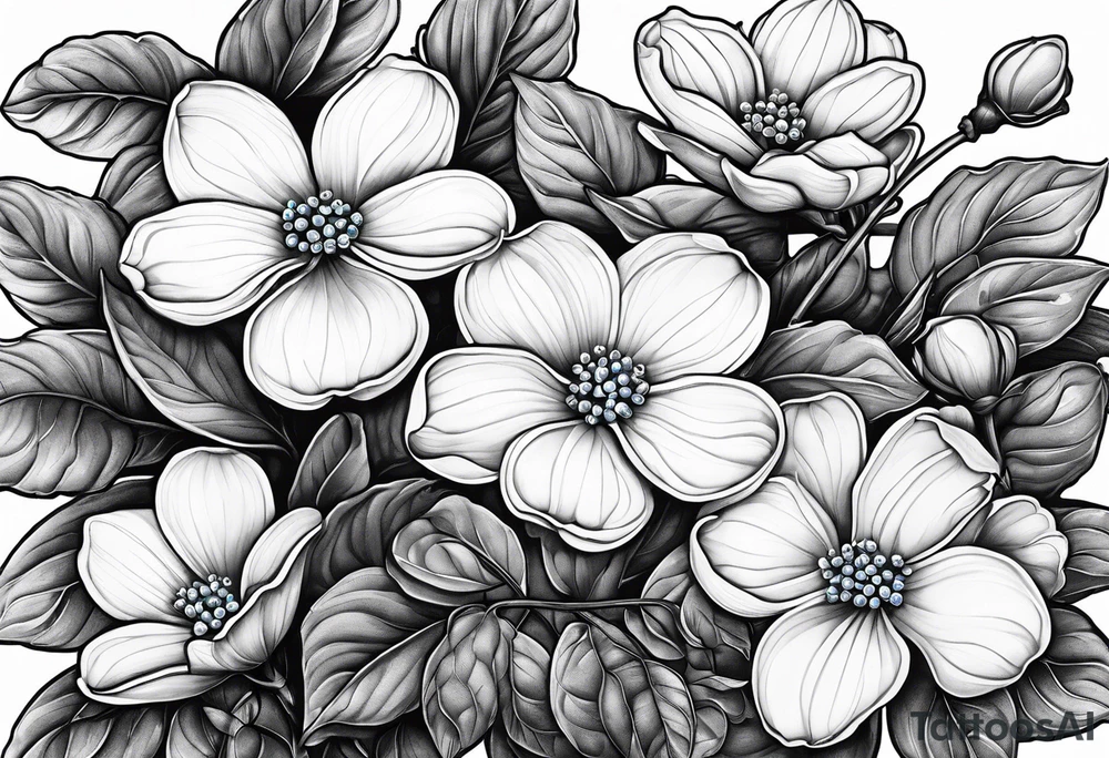 Forget me not flowers, flowering dogwood flowers, wanglo flowers and orange blossom flowers tattoo idea