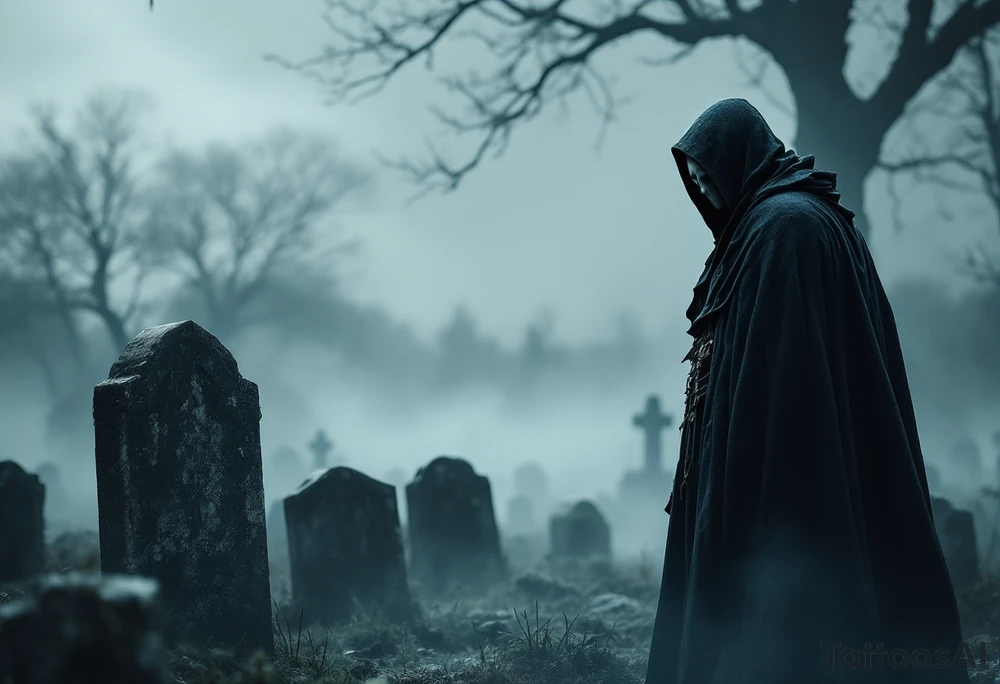 Plague Doctor in a Cemetery – A melancholic scene, with a doctor standing near fog-covered gravestones. The cloak is draped over one shoulder, and the mask is slightly tilted downward, giving a sorrowful, contemplative look. tattoo idea