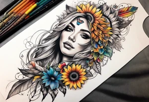 Leg sleeve with dreamcatcher, rainbow sunflowers and one butterfly tattoo idea