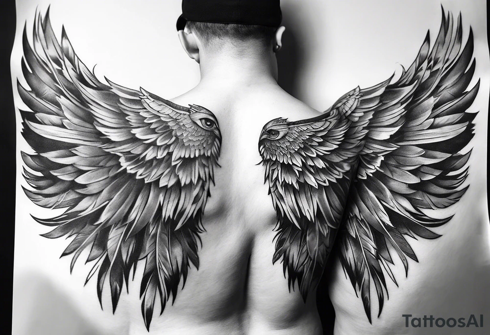 wings tattoo extending from a mens shoulders, covering the upper arms and upper back. The feathers are intricately detailed, with soft shading in black and gray to create depth and texture. tattoo idea