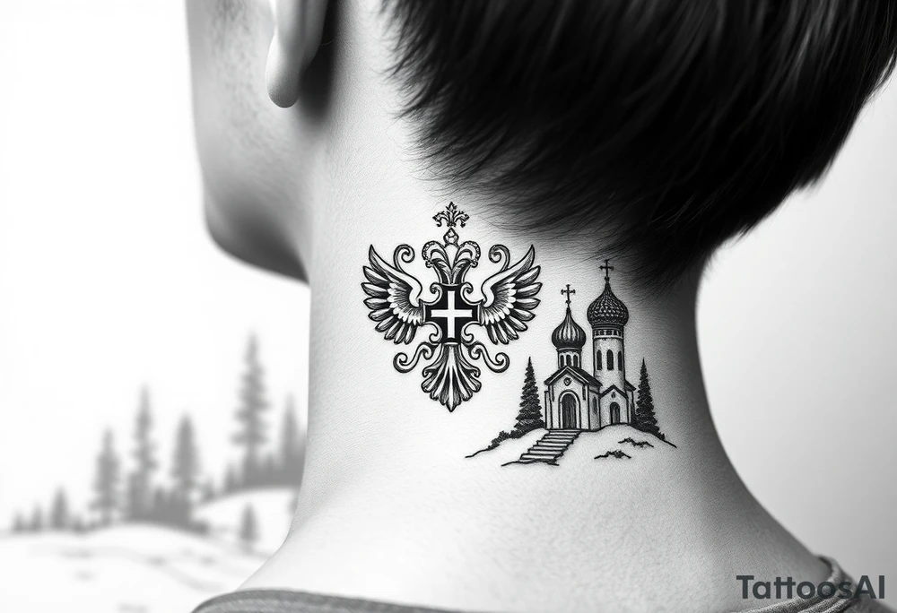 russian coat arms in a russian christian orthodox cross with the cross in the middle with a virgin mary & orthodox dome church on the side of the neck in a wilderness setting tattoo idea