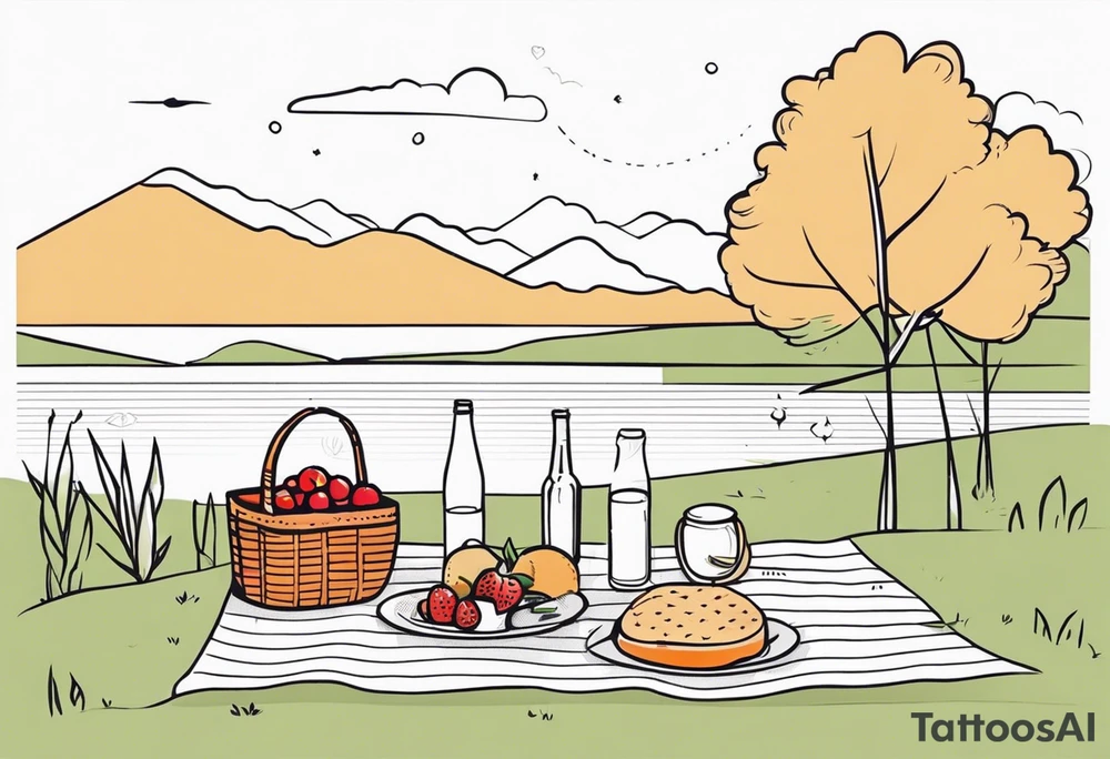 Very light and minimalstic picnic scene in nature. Thin lines. tattoo idea