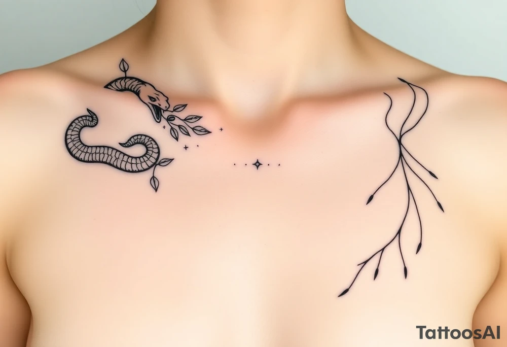 "Design a symbolic, artistic black-ink chest tattoo that spans both collarbones. On the left collarbone, depict a snake gracefully wrapped and coiled around the bone, its head resting near the center of the chest. From the snake’s mouth, instead of venom, delicate leaves are flowing outward — symbolizing letting go, surrender, and release. In the center of the chest, where the sternum lies, include subtle symbolic elements representing trust in the universe — like stars, a tiny spiral, or a soft sunburst — signifying alignment and faith. On the right collarbone, continue the story: flowing lines or abstract shapes that radiate resilience, strength, and hope — suggesting a journey or upward growth, like branches or a phoenix rising. The style should be elegant, fine-line, and minimalistic, yet deeply artistic and symbolic. The design should blend with the natural shape of the collarbones and sternum, evoking quiet power and inner transformation. Light skin tone, soft natural lighting." tattoo idea