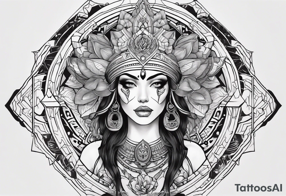 kali ma, alien goddess, valkrye, aries, pirate, divine feminine, zenza resonance, pachamama, lotus azul, blank panther, eagle, skull, 5D, nueva gaya, dna 12, left side chest tatoo tattoo idea