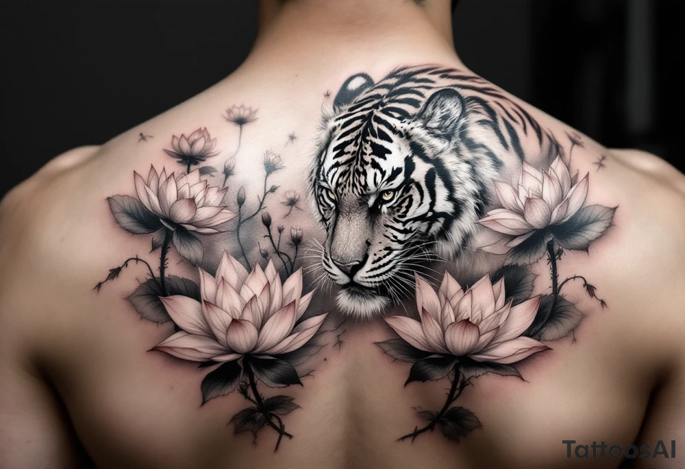 fierce tiger emerging through blooming lotus flowers in mist tattoo idea