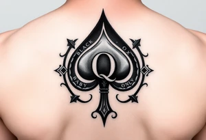 A spade womb tattoo with a Q in the center, with three points around the outside. The first reading, "BLACK". The second reading, "BABY". The third reading, "ONLY". tattoo idea