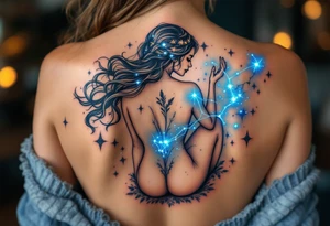The Virgo constellation sparkles in icy blue across the back of a seated maiden in muted earth tones. tattoo idea