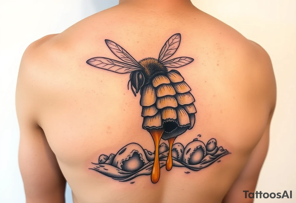 Honey bee hive dripping honey into ocean tattoo idea