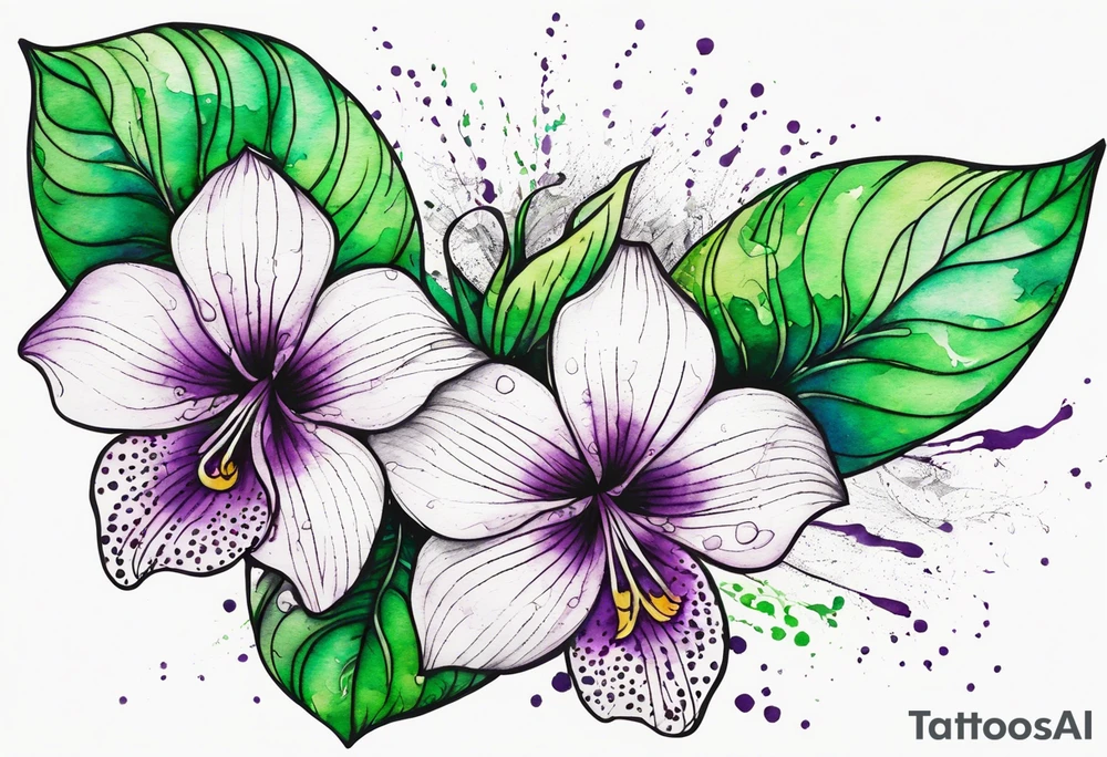 An outline of a rio dipladenia flower with a green and purple watercolor splash in the background tattoo idea