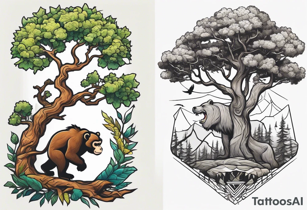 oak tree with cartoon monkey hanging from a branch, dinosaur walking nearby, and grizzly bear walking across the front tattoo idea