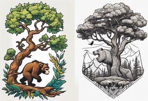 oak tree with cartoon monkey hanging from a branch, dinosaur walking nearby, and grizzly bear walking across the front tattoo idea