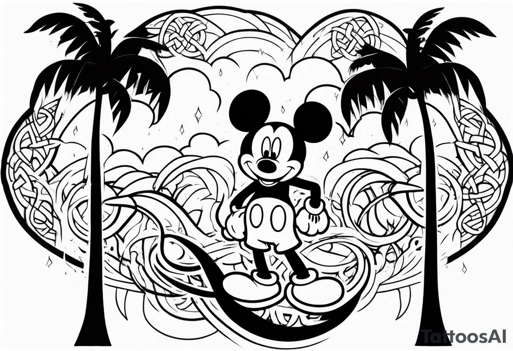 mickey mouse in a lightning storm with palm trees and the celtic symbol for family tattoo idea