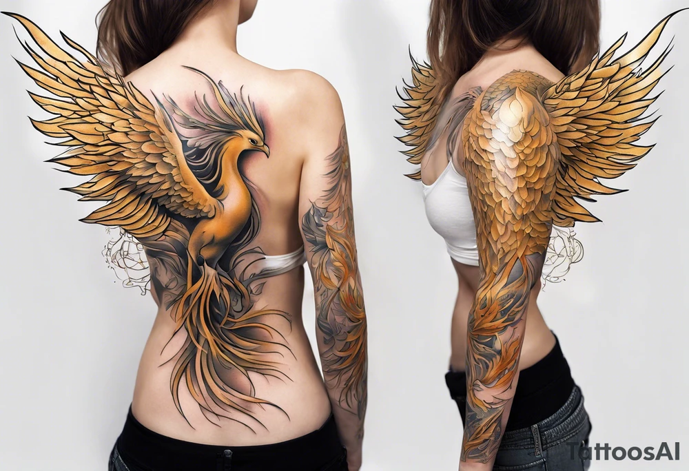 Sleeve tattoo on a woman's arm. Gold Phoenix tattoo idea