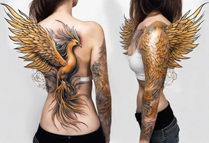 Sleeve tattoo on a woman's arm. Gold Phoenix tattoo idea