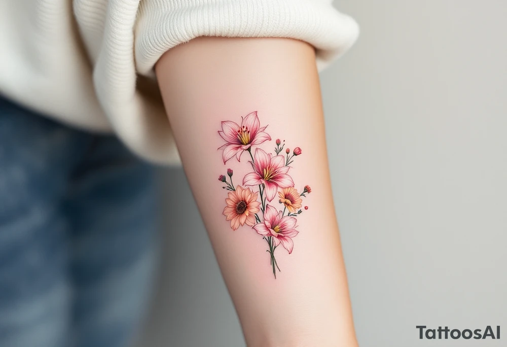 stargazer lillies in light pink with small sunflowers and poppies in a dainty wildflower bouquet with stems tattoo idea