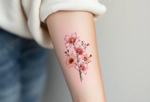 stargazer lillies in light pink with small sunflowers and poppies in a dainty wildflower bouquet with stems tattoo idea