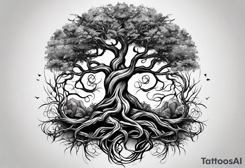 Tattoo around the forearm in the form of intertwined tree roots and two lizards hiding in the roots tattoo idea