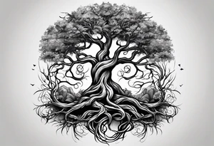 Tattoo around the forearm in the form of intertwined tree roots and two lizards hiding in the roots tattoo idea
