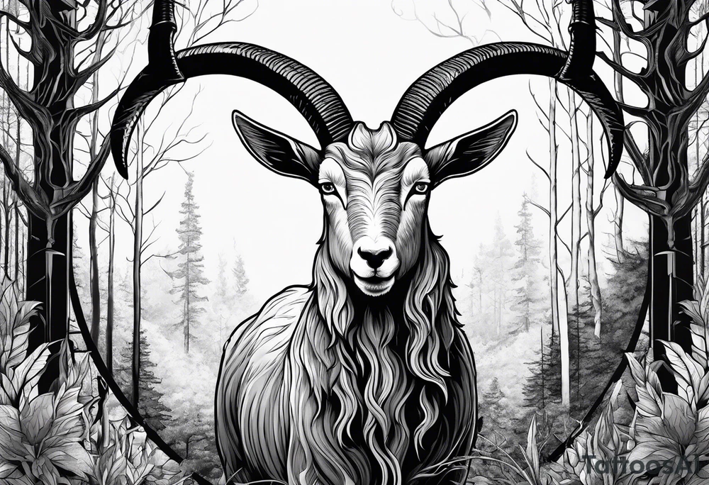 Satanic goat with horns (full body) in a forest with a pentagram in it’s forehead tattoo idea