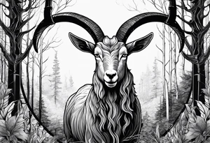 Satanic goat with horns  (full body) in a forest with a pentagram in it’s forehead tattoo idea