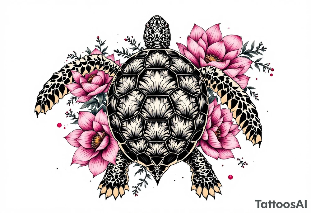 Turtle covered in lotus flowers tattoo idea