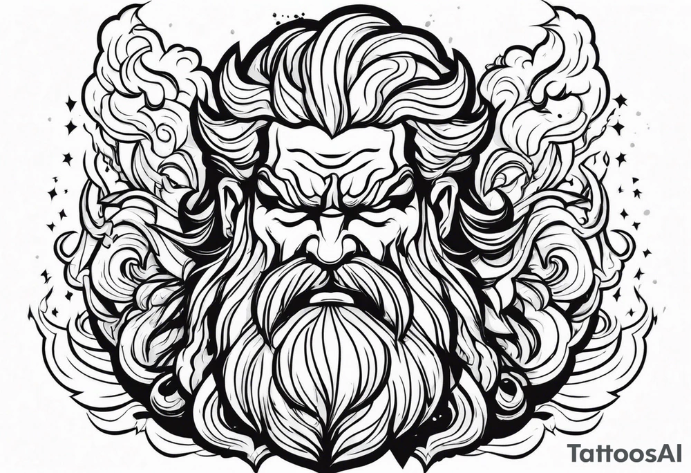 The enraged god Zeus the Thunderer with lightning bolts in a furious tattoo idea