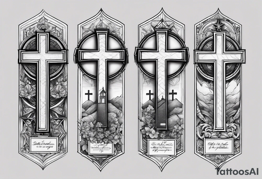 3 crosses with bible verse above it 
joker smile on the side 
Kaizen symbol on the other side
all this one forearm tattoo idea