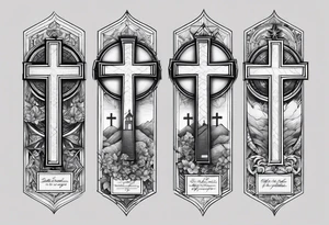 3 crosses with bible verse above it 
joker smile on the side 
Kaizen symbol on the other side
all this one forearm tattoo idea