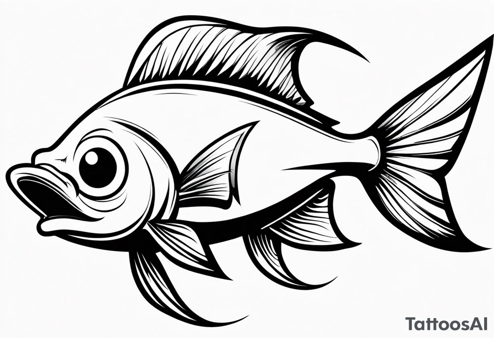 a cartoon fish with sharp, pointed fins and a streamlined body. Its eyes are narrowed with intense, angry brows, and its mouth is twisted into a snarl, showing sharp teeth. The overall appearance is aggressive and intimidating, conveyed through stark black and white contrasts. tattoo idea