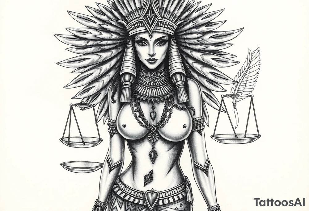 Sexy Egyptian goddess with a curvy body, breasts showing, and wide hips. She is wearing an ostrich feather headdress, and intricate ancient Egyptian jewelry. Background includes something similar to heaven. Incorporate the Scales of Justice—one side holding a heart, the other Ma’at’s feather—glowing with ethereal energy. Emphasize dramatic lighting, deep shadows, and surreal, mystical atmosphere tattoo idea