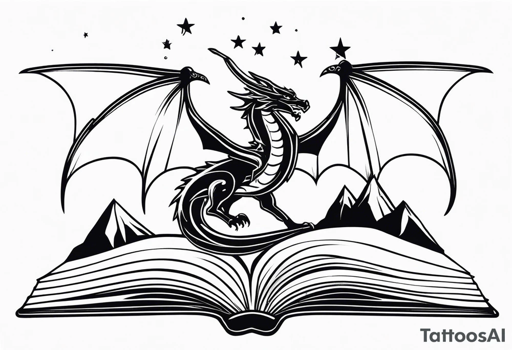 an open fairy fantasy book. a flying dragon with scales and four legs. a sword. Three stars with three mountain peaks tattoo idea