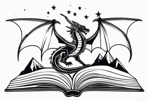 an open fairy fantasy book. a flying dragon with scales and four legs. a sword. Three stars with three mountain peaks tattoo idea